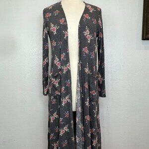 LuLaRoe  Sarah Duster Cardigan Size S Small Gray Multicolor Floral Print Ribbed